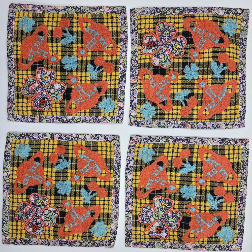Vivienne Westwood Set of 4 Mini Towel Handkerchiefs - Yellow Tartan & Orb
